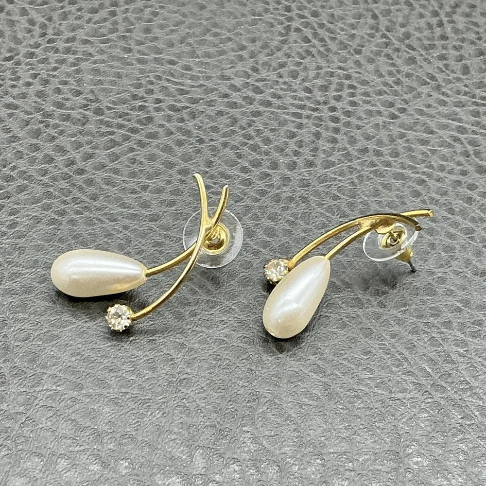 Gold Tone Teardrop Faux‎ Pearl Rhinestone Dangle Drop Earrings Womens Costume